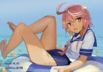  1girl ahoge dated hair_ornament i-58_(kantai_collection) innertube kantai_collection looking_away one-piece_swimsuit open_mouth pink_hair school_swimsuit school_uniform serafuku short_hair short_sleeves solo swimsuit toro_(konirio) twitter_username water wet 
