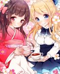  2girls apron blonde_hair blue_eyes blush bow brown_hair cup dress flower hair_ribbon japanese_clothes kimono long_hair long_sleeves mintsu_(ichi--kun) multiple_girls plate red_eyes ribbon smile tea 