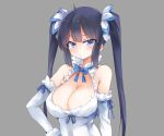  1girl bare_shoulders black_hair blue_eyes breasts cleavage dungeon_ni_deai_wo_motomeru_no_wa_machigatteiru_darou_ka gloves grey_background hestia_(danmachi) large_breasts long_hair looking_at_viewer pout rei_no_himo ribbon simple_background skindentation solo twintails white_gloves yostxxx 