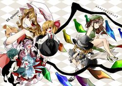  6+girls antennae blonde_hair blue_eyes blue_hair brown_hair cape cirno dango flandre_scarlet food frilled_skirt frills green_eyes green_hair grin hat hong_meiling kinnkonnsousai kirisame_marisa long_hair multiple_girls mystia_lorelei pink_hair red_eyes rumia shirt short_hair skewer skirt smile team_9 touhou vest wagashi wings witch_hat wriggle_nightbug 