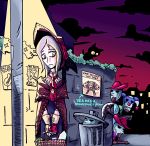  1girl animal basket black_cat bloodborne bonnet cat cerberus cloak clouds crossover devil_may_cry dusk english flower food frown graffiti holding light long_hair pizza plain_doll poster_(object) rose setz silver_hair trash_can yellow_eyes 