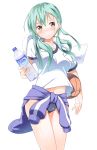  1girl absurdres alternate_hairstyle basketball blush bottle brown_eyes buruma contemporary green_hair gym_uniform hair_ornament hairclip highres kantai_collection looking_away midriff navel shizuka_(deatennsi) short_twintails solo suzuya_(kantai_collection) towel twintails water_bottle 