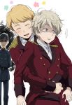  ... 3boys aldnoah.zero blonde_hair flower harklight hug hug_from_behind kl klancain military military_uniform multiple_boys shaded_face slaine_troyard uniform 