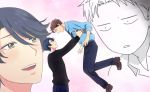  1boy 1girl blue_hair flat_chest gekkan_shoujo_nozaki-kun green_eyes happy hori_masayuki kashima_yuu lifting_person reverse_trap rosel-d short_hair zoom_layer 