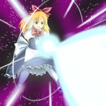  1girl apron blonde_hair blue_eyes capelet dress facing_away flying frilled_skirt frills hair_ribbon hikage_no_shamon laser light_particles light_trail long_hair long_sleeves looking_down open_mouth pantyhose ribbon shanghai_doll skirt solo touhou waist_apron white_legwear 