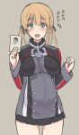  1girl anchor_hair_ornament blonde_hair blush breasts card hair_ornament holding kantai_collection looking_at_viewer military military_uniform no_headwear open_mouth pregnant prinz_eugen_(kantai_collection) skirt smile solo taji_(crowview) twintails uniform 
