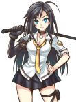  1girl black_hair blue_eyes choker closers contrapposto cowboy_shot hair_ornament hairclip hand_on_hip holster long_hair looking_at_viewer lubelric necktie pleated_skirt skirt smile solo sword thigh_holster weapon white_background yuri_seo 