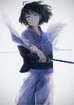  1girl black_hair blue_eyes glowing glowing_eyes highres japanese_clothes kara_no_kyoukai katana kimono rean_(r_ean) ryougi_shiki short_hair solo sword weapon wide_sleeves 