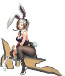  1girl absurdres alternate_costume animal_ears blue_eyes breasts bunny_tail bunnysuit carrot cherrylich cleavage folded_ponytail highres large_breasts league_of_legends lips pantyhose rabbit_ears riven_(league_of_legends) short_hair silver_hair sitting smile tail unfinished weapon 