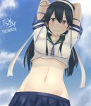  1girl absurdres ahoge arms_behind_head artist_name black_hair black_legwear blue_sky blush breasts brown_eyes clouds crop_top highres kantai_collection large_breasts long_hair looking_at_viewer looking_down navel open_mouth outdoors panties pleated_skirt rei_no_himo school_uniform serafuku shadow short_sleeves signature skirt sky solo tsyn underwear upper_body ushio_(kantai_collection) white_panties 