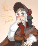  1girl alternate_eye_color bangs bloodborne blue_eyes blush bonnet cloak copyright_name dated doll_joints flower hand_on_own_face highres jewelry k_kin long_hair plain_doll red_rose ring rose silver_hair solo sparkle swept_bangs wedding_band 