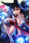  1girl ahri animal_ears bare_shoulders black_hair breasts cleavage detached_sleeves fox_ears fox_tail heart heart-shaped_pupils highres league_of_legends long_hair mossi multiple_tails open_mouth orb solo symbol-shaped_pupils tail whisker_markings 