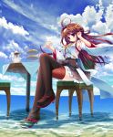  1girl absurdres ahoge blue_sky blush boots breasts brown_eyes brown_hair brown_legwear cake chair clouds cloudy_sky crossed_legs cup detached_sleeves double_bun food frilled_skirt frills hair_bun hairband hand_to_head highres ichi_rin kantai_collection kongou_(kantai_collection) long_hair looking_at_viewer nontraditional_miko ocean pleated_skirt ribbon-trimmed_sleeves ribbon_trim sideboob sitting skirt sky solo table teacup teapot thigh-highs thigh_boots tiered_tray tray wading water 