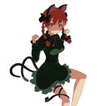  1girl :3 animal_ears blush bow braid breasts cat_ears cat_tail cato_(monocatienus) cowboy_shot dress hair_bow hair_ribbon kaenbyou_rin long_hair looking_at_viewer multiple_tails paw_pose red_eyes ribbon shade slit_pupils smile solo tail thigh_ribbon touhou tress_ribbon tsurime twin_braids two_tails white_background 
