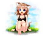  1girl animal_ears barefoot blue_eyes brown_hair cat_ears cat_tail dress feet grass long_hair open_mouth original rokuroubuna sitting smile soles solo tail toes 