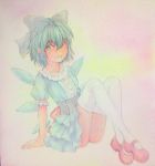  1girl acrylic_paint_(medium) alternate_costume arm_support blue_eyes blue_hair bow cirno collarbone dress frilled_dress frills graphite_(medium) hair_bow ice ice_wings looking_at_viewer short_hair short_sleeves sitting solo thigh-highs touhou traditional_media watercolor_(medium) white_legwear wings yuyu_(00365676) 