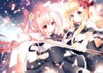  2girls blonde_hair blush bow capelet flower hair_bow hair_flower hair_ornament horns juuoumujin_no_fafnir kabako_(lilypicture410v) light_particles lisa_highwalker long_hair looking_at_viewer multiple_girls pink_hair polearm red_bow red_eyes smile spear tear_lightning twintails violet_eyes weapon 