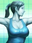  1girl bellhenge breasts cleavage grey_eyes grey_hair highres large_breasts lips long_hair nose ponytail smile solo super_smash_bros. tank_top upper_body white_skin wii_fit wii_fit_trainer 