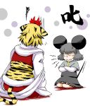  2girls anger_vein animal_ears azuki_osamitsu black_hair blonde_hair capelet crossed_arms grey_hair hair_ornament mouse_ears mouse_tail multicolored_hair multiple_girls nazrin open_mouth scolding short_hair sitting tail toramaru_shou touhou two-tone_hair 