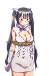  1girl arm_ribbon bare_shoulders black_hair blue_eyes blush bow breasts cleavage cleavage_cutout covered_navel dress dungeon_ni_deai_wo_motomeru_no_wa_machigatteiru_darou_ka gloves hair_ornament hair_ribbon hestia_(danmachi) large_breasts long_hair looking_down rei_no_himo ribbon rope shimenawa short_dress simple_background sleeveless sleeveless_dress solo twintails very_long_hair white_background white_dress white_gloves wokada 