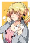  1girl :t blonde_hair blush breasts closed_eyes dated eating food food_on_face headphones huge_breasts nitroplus plump solo sumeragi_kohaku super_pochaco twintails 