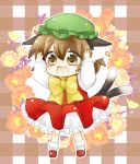 1girl animal_ears brown_eyes brown_hair cat_ears cat_tail chen dress fang jewelry mob_cap multiple_tails nekomata open_mouth red_dress short_hair single_earring solo tail touhou two_tails white_legwear yakimochi 