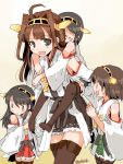 4girls ahoge artist_request bare_shoulders black_hair blush brown_hair closed_eyes detached_sleeves double_bun flipped_hair glasses hair_ornament hairband haruna_(kantai_collection) headgear hiei_(kantai_collection) japanese_clothes kantai_collection kirishima_(kantai_collection) kongou_(kantai_collection) long_hair multiple_girls nontraditional_miko open_mouth short_hair skirt sleeping smile thigh-highs twitter_username 