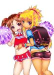  2girls backpack bag blonde_hair bracelet brown_hair cheerleader heart highres holding jewelry long_hair looking_at_viewer mudou_eichi multiple_girls nail_polish open_mouth original panties payot pleated_skirt pom_poms randoseru red_eyes scrunchie short_shorts shorts skirt tan twintails underwear v violet_eyes 