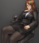  1girl ayakumo black_legwear blush brown_hair chair fang futatsuiwa_mamizou futatsuiwa_mamizou_(human) glasses hair_ornament hairclip highres hip_flask leaf long_hair looking_at_viewer office_chair office_lady pantyhose pince-nez simple_background sitting solo touhou 