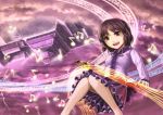  1girl azumi_(madogiwa_bocchi_seki) brown_eyes brown_hair clouds hairband instrument magic_circle musical_note open_mouth shining_needle_castle short_hair skirt smile solo touhou tsukumo_yatsuhashi 