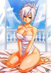  1girl alternate_costume bed bed_sheet breasts folded_ponytail jadenkaiba league_of_legends lips naked_towel off_shoulder red_eyes riven_(league_of_legends) seiza sitting towel white_hair 