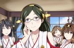  4girls adjusting_glasses ahoge black_hair blue_eyes blush braid brown_hair closed_eyes detached_sleeves glasses green-framed_glasses grey_eyes hairband haruna_(kantai_collection) heart highres kantai_collection kirishima_(kantai_collection) kongou_(kantai_collection) kyoukyan long_hair looking_at_viewer multiple_girls nontraditional_miko short_hair smile twin_braids 