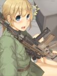  /\/\/\ 1girl assault_rifle battle_rifle bed belt blonde_hair blue_eyes blush eiri_(eirri) fn_scar gun hair_ribbon long_hair long_sleeves military military_uniform no_pants open_mouth original panties ponytail ribbon rifle scope sitting solo striped striped_panties surprised table underwear uniform vertical_foregrip weapon weapon_request 