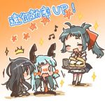  0_0 3girls alternate_costume aqua_hair black_hair blush bow character_request chibi closed_eyes drinking_cup flower food green_hair hair_bow hair_ornament hairclip hatsushimo_(kantai_collection) irako_(kantai_collection) kantai_collection long_hair lowres multiple_girls murakumo_(kantai_collection) open_mouth orange_background pantyhose ponytail rebecca_(keinelove) ribbon smile sparkle translation_request tray 