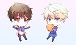  2boys aldnoah.zero bat blonde_hair blue_eyes blush_stickers brown_hair chibi food fruit kaizuka_inaho multiple_boys orange red_eyes ryuna_(itouaiyuki) silver_hair slaine_troyard 