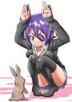  &gt;:&lt; 1girl breast_press bunny_ears_gesture bunny_pose eyepatch gloves headgear highres kantai_collection looking_at_another miniskirt no_panties purple_hair rabbit sazanami_tarou school_uniform serious short_hair skirt solo tenryuu_(kantai_collection) yellow_eyes 