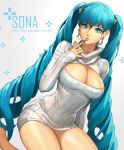  1girl absurdres aqua_hair breasts character_name cherrylich cleavage cleavage_cutout highres kneeling large_breasts league_of_legends lips long_hair nail_polish open-chest_sweater ribbed_sweater solo sona_buvelle sweater thighs turtleneck twintails very_long_hair 