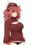  1girl :o arano_oki black_panties blush breasts cleavage cowboy_shot eyelashes hand_on_hip hat kawashiro_mitori large_breasts lowleg lowleg_panties open-chest_sweater open_mouth panties red_eyes redhead short_hair solo sweater touhou tsurime two_side_up underwear 