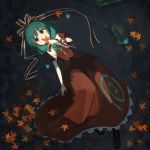  1girl autumn_leaves boots bow dress front_ponytail green_eyes green_hair hair_bow hair_ribbon kagiyama_hina leaf long_hair lying lying_on_water maple_leaf on_back partially_submerged red_dress ribbon rinrin_(rinrin_monacoin) solo touhou 