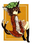  1girl animal_ears brown_hair cat_ears cat_tail chen frilled_skirt frills hat highres kaede_rin multiple_tails orange_background orange_eyes shirt short_hair simple_background skirt smile socks tail touhou two-tone_background two_tails vest white_background 