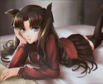  1girl bed black_hair blue_eyes blurry brown_hair depth_of_field fate/stay_night fate_(series) hair_ribbon meaomao ribbon solo thigh-highs toosaka_rin two_side_up 