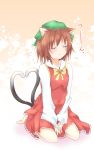  1girl animal_ears brown_hair cat_ears cat_tail chen closed_eyes flying_sweatdrops hat heart heart_tail highres mickeysmith seiza sitting solo tail touhou tsundere 