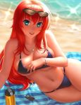  1girl beach bikini blue_eyes breasts cleavage digital_media_player high_school_dxd highres jewelry long_hair navel necklace ocean redhead rias_gremory seeker_(shzyu) smile solo sunglasses swimsuit under_boob water 