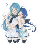  2girls bare_shoulders bespectacled blue_eyes blue_hair glasses gradient_hair green_eyes highres hug hug_from_behind kantai_collection long_hair looking_at_viewer low_twintails midriff multicolored_hair multiple_girls neckerchief no_gloves pink-framed_glasses red-framed_glasses sailor_collar samidare_(kantai_collection) school_uniform serafuku shirt simple_background skirt sleeveless sleeveless_shirt suzukaze_(kantai_collection) thigh-highs tomo_futoshi twintails white_background white_skirt zettai_ryouiki 