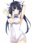  1girl arm_ribbon arms_behind_head black_hair blue_eyes breasts cleavage dress dungeon_ni_deai_wo_motomeru_no_wa_machigatteiru_darou_ka gloves hair_ornament hair_ribbon hestia_(danmachi) highres kurenai_hanpen long_hair rei_no_himo ribbon solo twintails white_gloves 