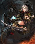  1girl absurdres boots breasts chain cherrylich cleavage club glowing glowing_eyes glowing_mouth highres horns large_breasts lips midriff original red_eyes short_hair short_shorts shorts silver_hair skull sword thigh-highs thigh_boots unfinished weapon 