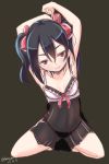  1girl arms_up bare_arms bare_legs black_hair bow dated hair_bow hitsuji_(hitsuji_kikaku) looking_at_viewer love_live!_school_idol_project naughty_face red_eyes see-through simple_background solo squatting string_panties tight_dress twintails twitter_username yazawa_nico 