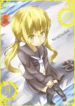  1girl blonde_hair character_name cover cover_page doujin_cover kantai_collection looking_at_viewer necktie pleated_skirt reyzin satsuki_(kantai_collection) school_uniform scrunchie serafuku shoes_removed sitting skirt smile solo thigh-highs twintails yellow_eyes 
