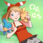  1girl artist_name blue_eyes bracelet collarbone commentary dated grass hair_ribbon haruka_(pokemon) highres jewelry light_brown_hair looking_at_viewer lying magical_ondine mega_ring mudkip omega_symbol one_eye_closed pokemon pokemon_(game) pokemon_oras ribbon torchic v 