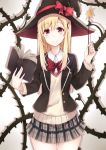  1girl blazer blonde_hair book bow bowtie female hair_ornament hairclip hat hiiragi_yashiro long_hair pleated_skirt red_eyes ribbon school_uniform shiraishi_urara skirt solo source_request thorns vines wand witch_hat yamada-kun_to_7-nin_no_majo 